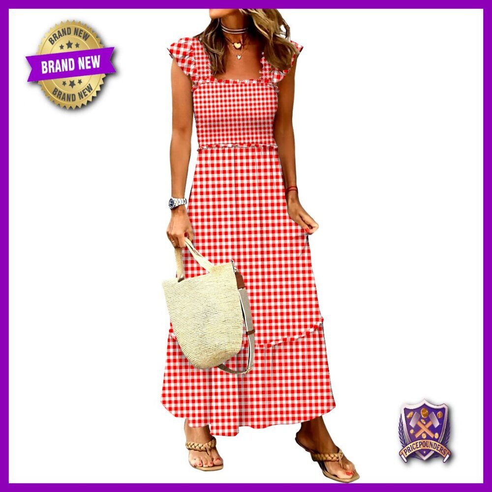Sleeveless Maxi Dress Square Neck Smocked Boho Casual Ruffle Strap Flowy A-Line - Picture 1 of 6
